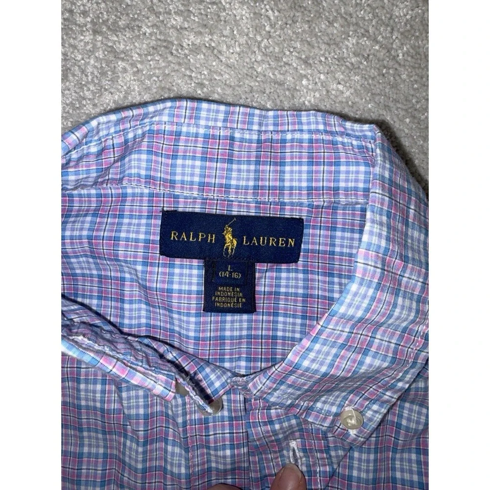 ralph lauren boys large 14-16 blue pink plaid long sleeve‎ button up